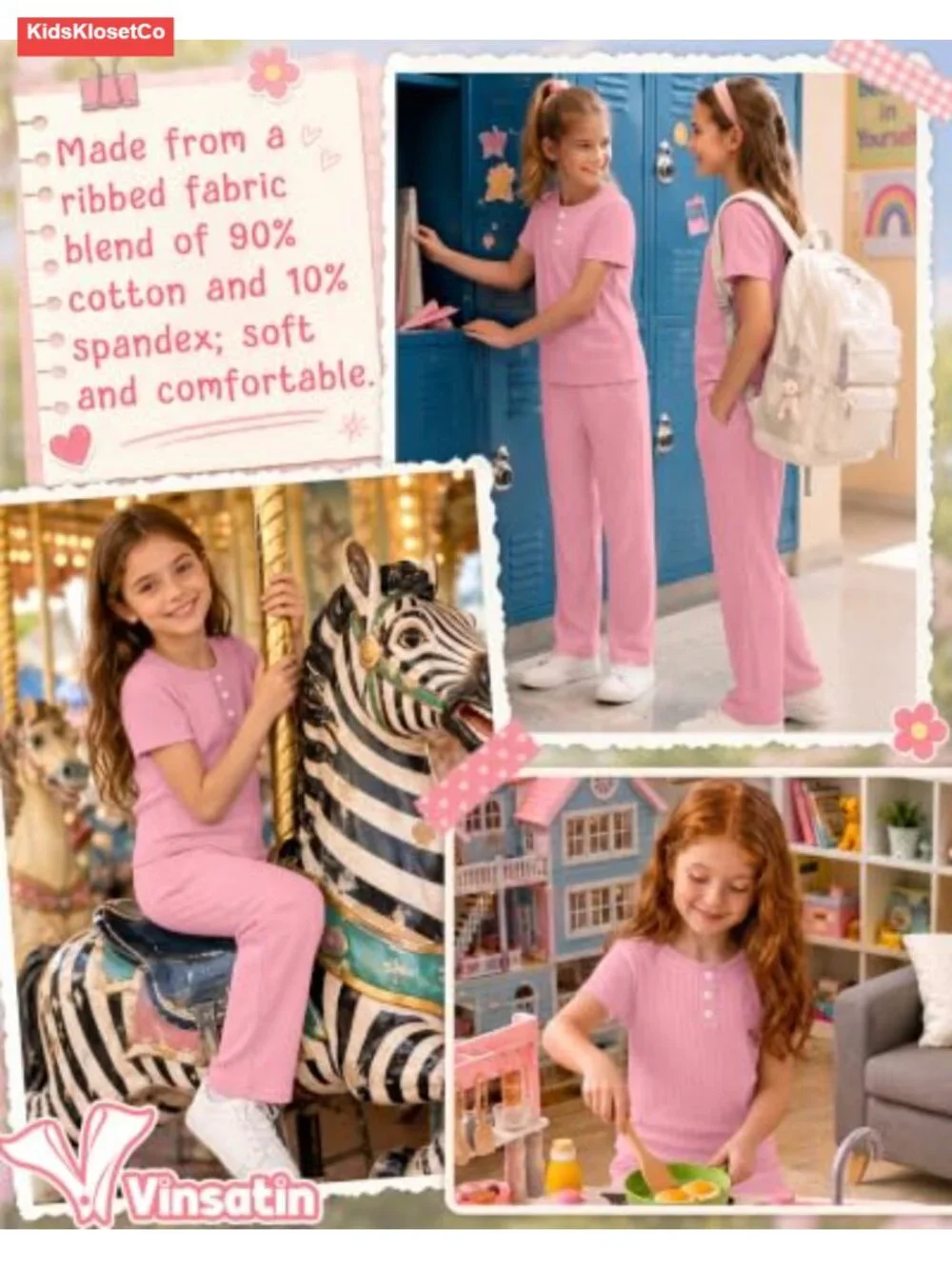Girls 2 Piece Cotton Ribbed Outfit Set Short Sleeve Henley Top Pants